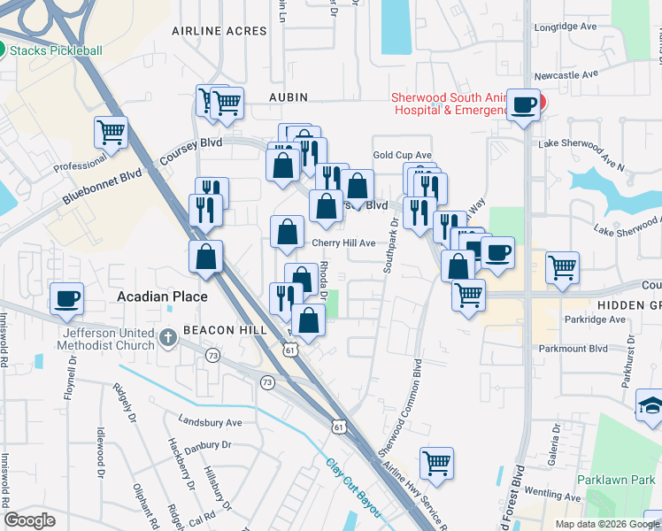 map of restaurants, bars, coffee shops, grocery stores, and more near 4176 Libuse Drive in Baton Rouge