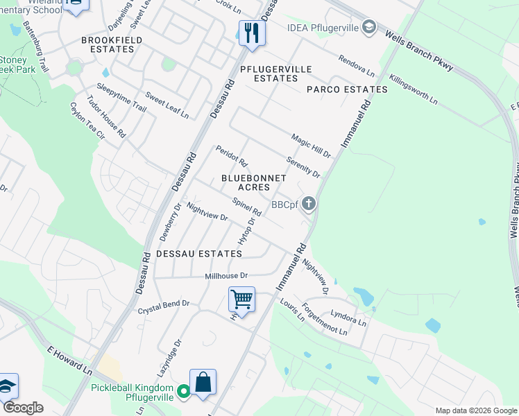 map of restaurants, bars, coffee shops, grocery stores, and more near 1805 Peridot Road in Pflugerville