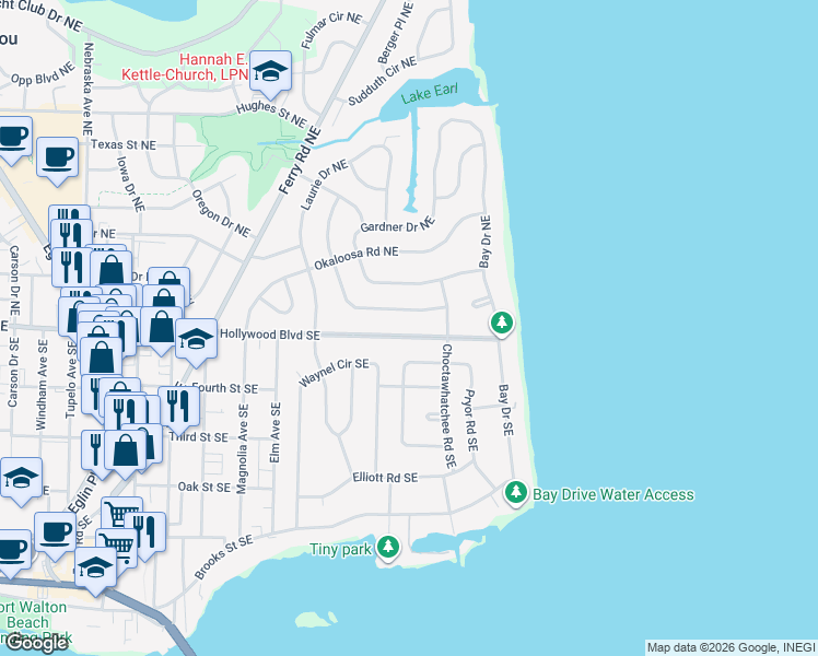 map of restaurants, bars, coffee shops, grocery stores, and more near 337 Hollywood Boulevard Northeast in Fort Walton Beach