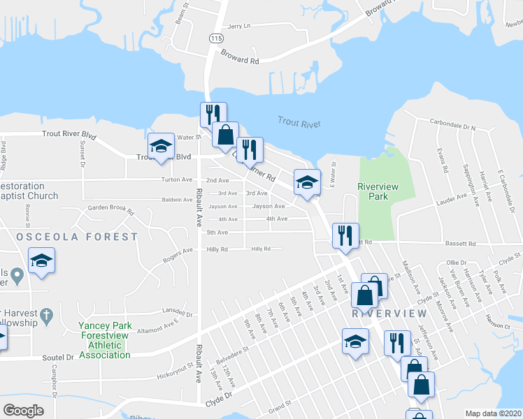 map of restaurants, bars, coffee shops, grocery stores, and more near 2224 Jayson Avenue in Jacksonville