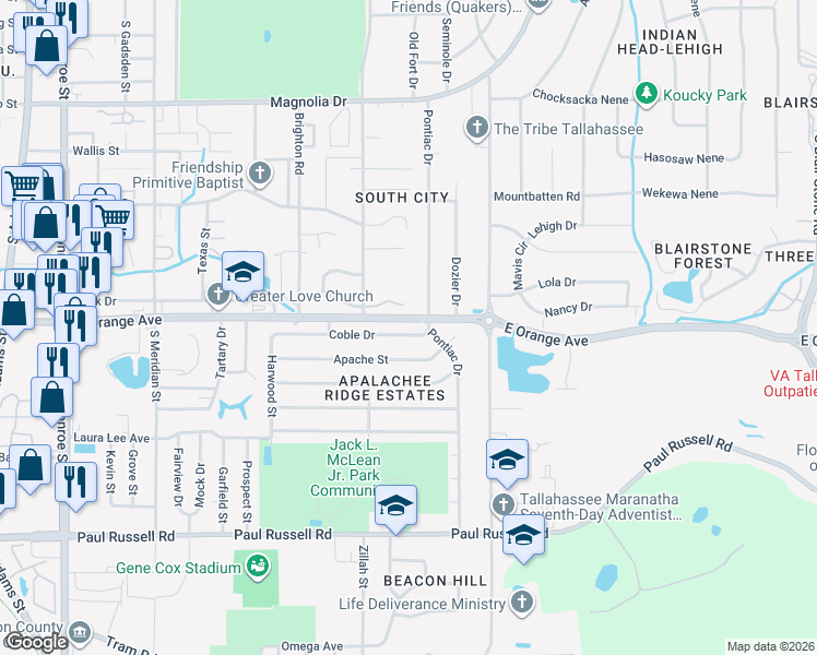 map of restaurants, bars, coffee shops, grocery stores, and more near 918 Coble Drive in Tallahassee