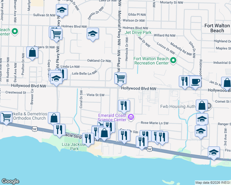 map of restaurants, bars, coffee shops, grocery stores, and more near 4 Memorial Parkway Southwest in Fort Walton Beach