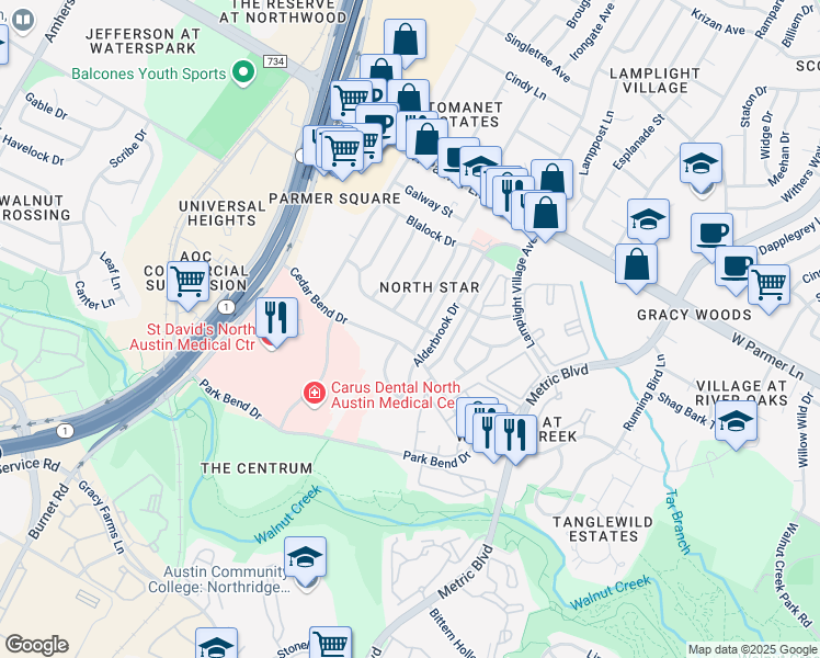 map of restaurants, bars, coffee shops, grocery stores, and more near 2201 Thornwild Pass in Austin