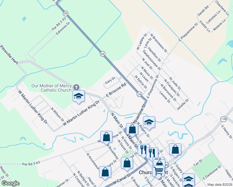map of restaurants, bars, coffee shops, grocery stores, and more near 113 Mona Edward Street in Church Point