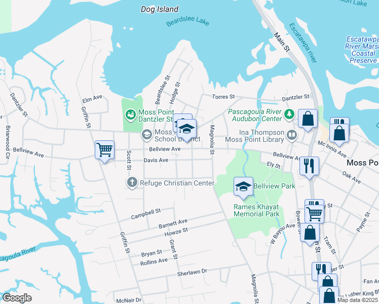 map of restaurants, bars, coffee shops, grocery stores, and more near 3624 Bellview Avenue in Moss Point