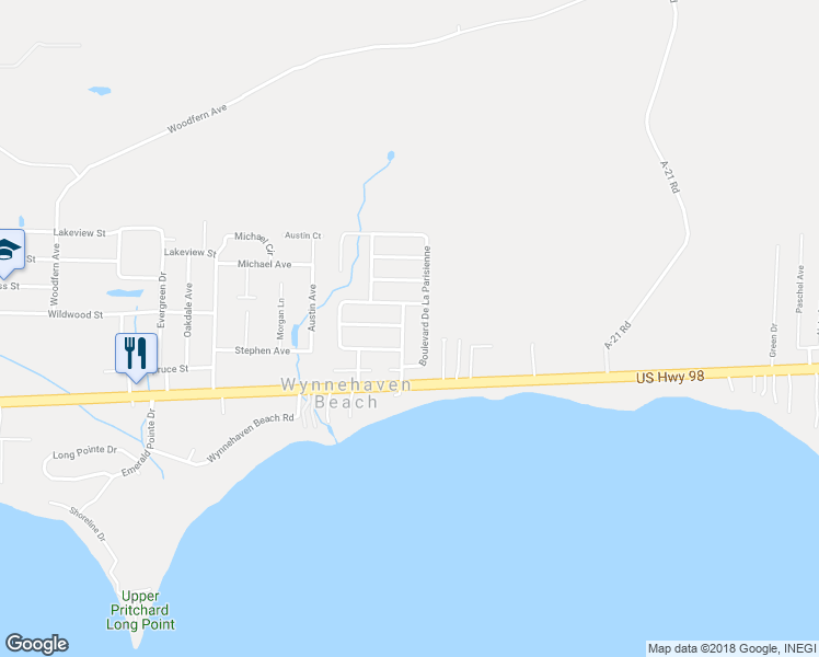 map of restaurants, bars, coffee shops, grocery stores, and more near 704 Avenue Du Fontaine Bleau in Mary Esther