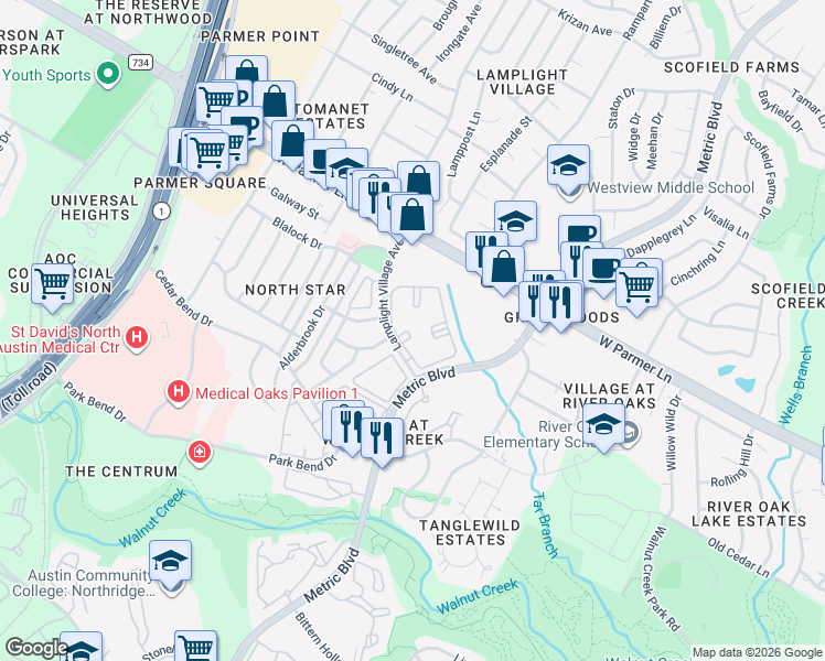 map of restaurants, bars, coffee shops, grocery stores, and more near 12345 Lamplight Village Avenue in Austin