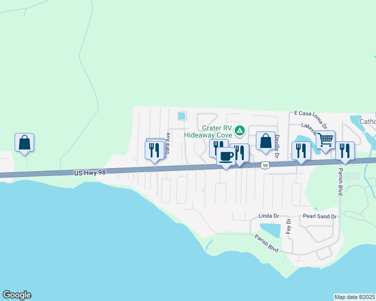 map of restaurants, bars, coffee shops, grocery stores, and more near 3 Lake Ave in Mary Esther