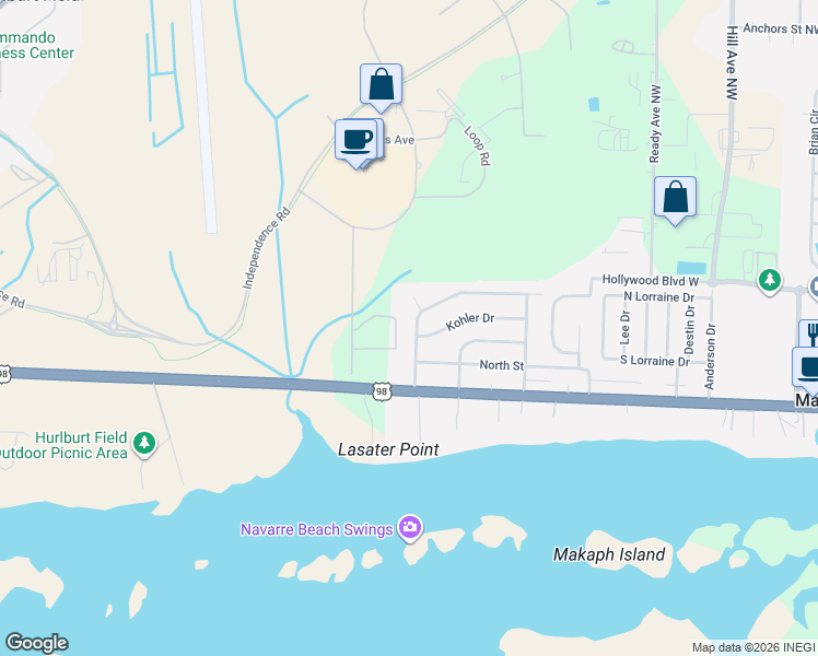 map of restaurants, bars, coffee shops, grocery stores, and more near 19 Mary Esther Drive in Mary Esther