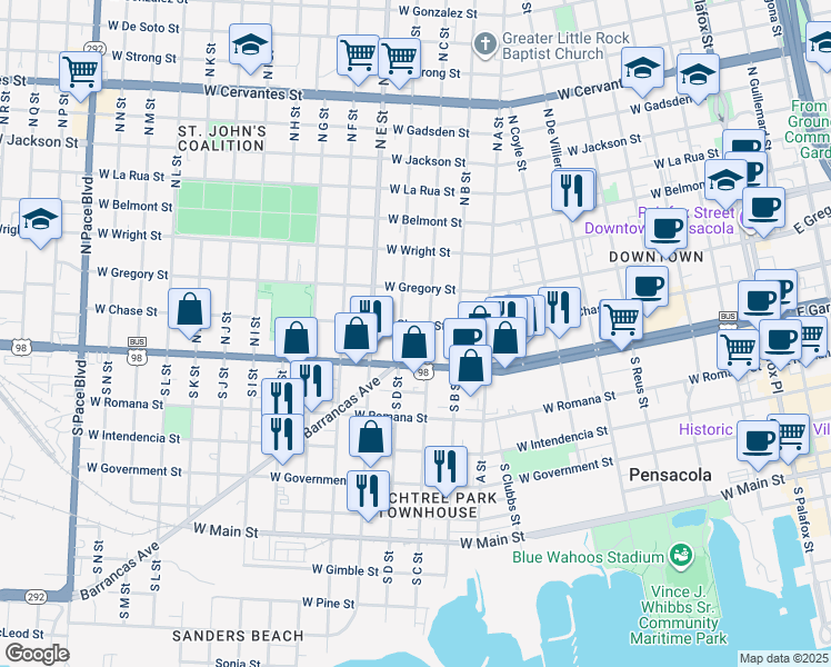 map of restaurants, bars, coffee shops, grocery stores, and more near 1005 West Chase Street in Pensacola