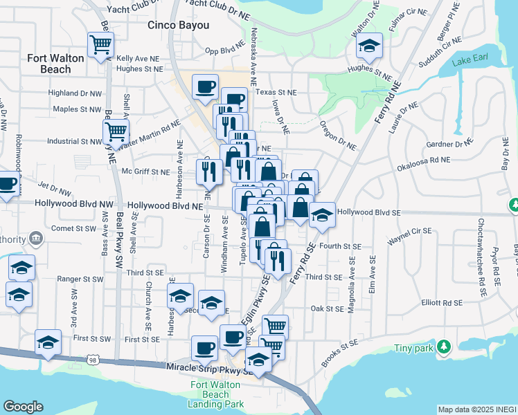 map of restaurants, bars, coffee shops, grocery stores, and more near 3 Eglin Parkway Northeast in Fort Walton Beach