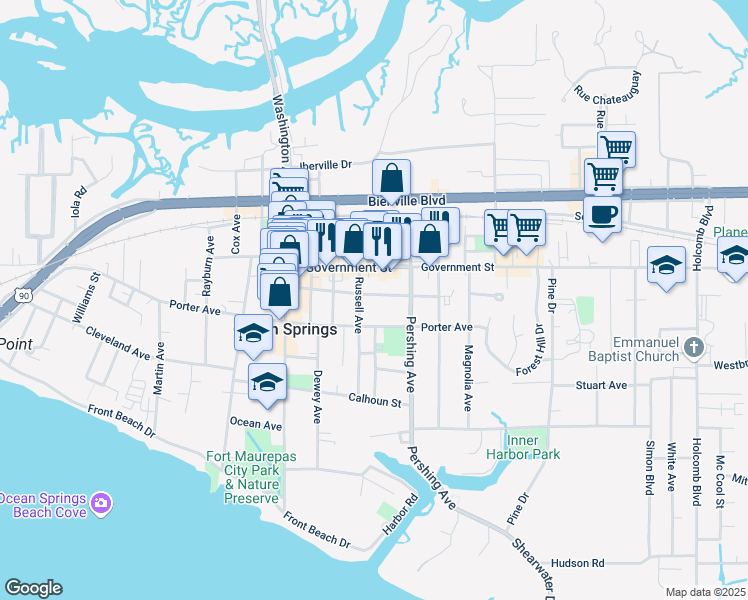 map of restaurants, bars, coffee shops, grocery stores, and more near 1310 Bowen Avenue in Ocean Springs