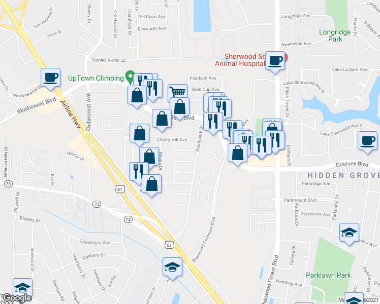 map of restaurants, bars, coffee shops, grocery stores, and more near 10950 Leton Drive in Baton Rouge
