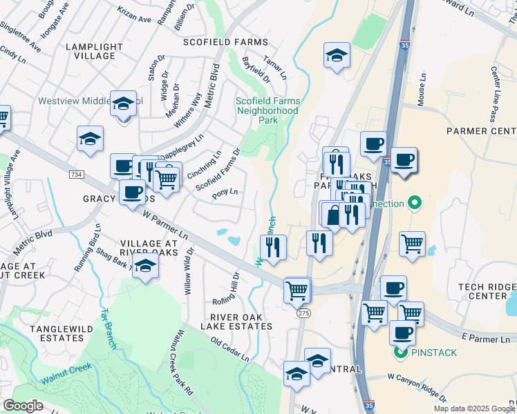 map of restaurants, bars, coffee shops, grocery stores, and more near 1310 West Parmer Lane in Austin