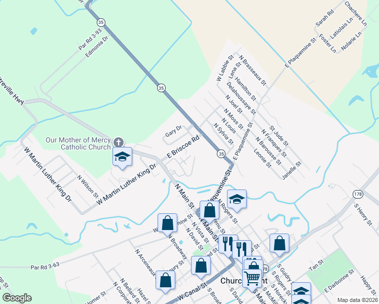 map of restaurants, bars, coffee shops, grocery stores, and more near 113 Mona Edwards Street in Church Point