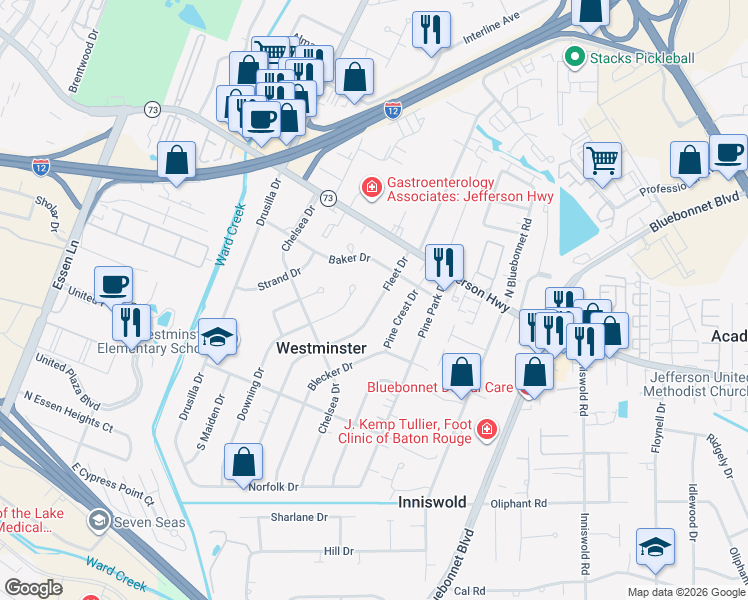 map of restaurants, bars, coffee shops, grocery stores, and more near 4056 Fleet Drive in Baton Rouge