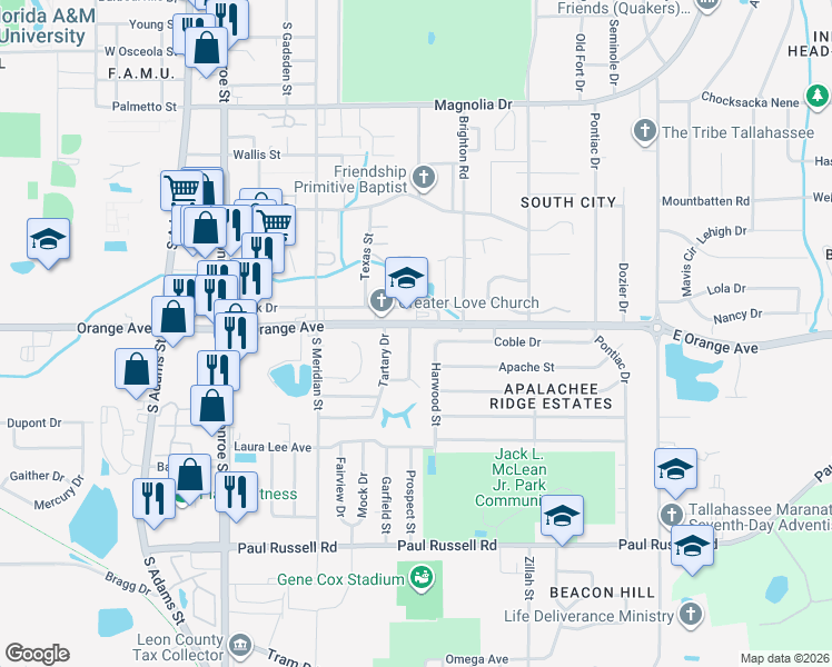 map of restaurants, bars, coffee shops, grocery stores, and more near 2801 Southwood Drive in Tallahassee