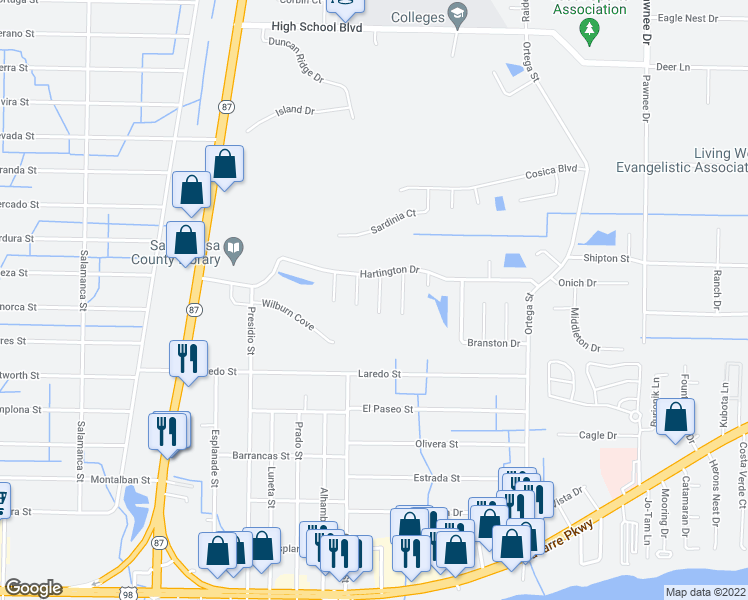 map of restaurants, bars, coffee shops, grocery stores, and more near 2165 Punham Court in Navarre