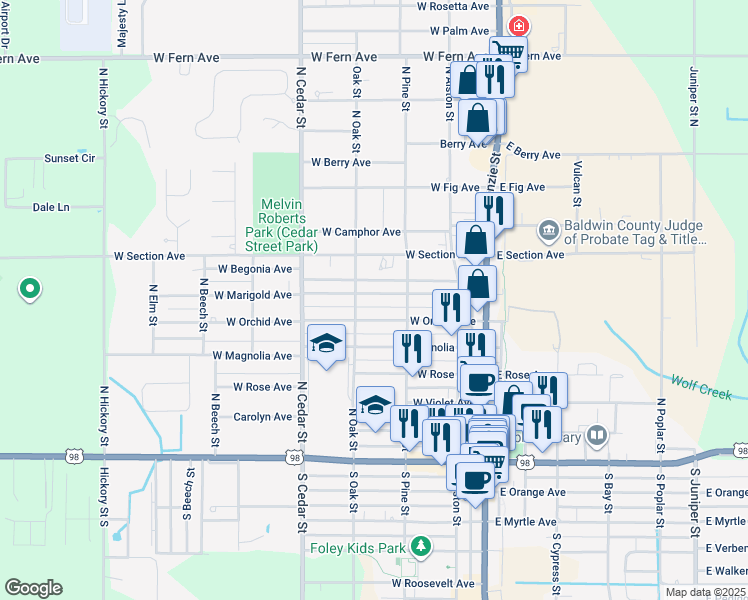 map of restaurants, bars, coffee shops, grocery stores, and more near 315 West Marigold Avenue in Foley