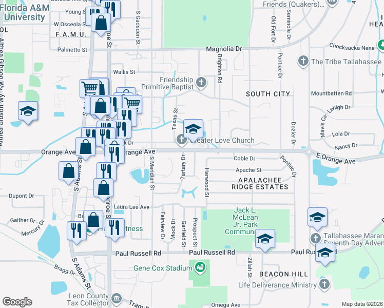 map of restaurants, bars, coffee shops, grocery stores, and more near 2801 Southwood Drive in Tallahassee