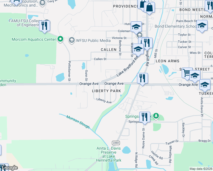 map of restaurants, bars, coffee shops, grocery stores, and more near 2704 Lake Palm Drive in Tallahassee