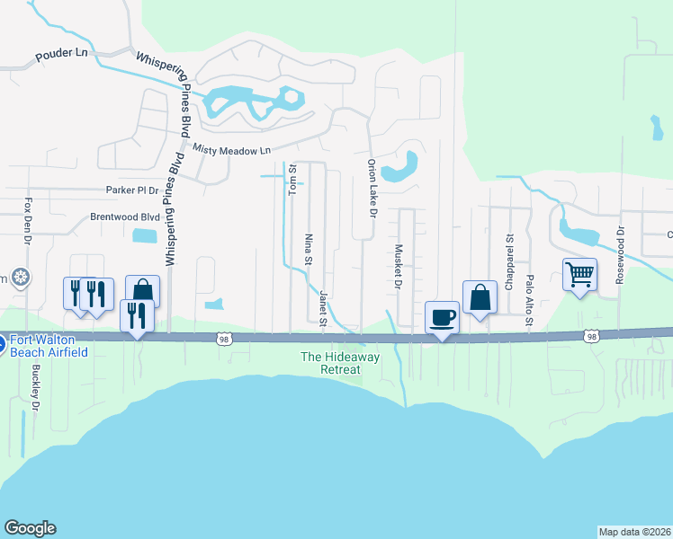 map of restaurants, bars, coffee shops, grocery stores, and more near 2177 Orion Parker Drive in Navarre
