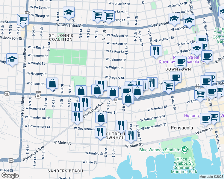 map of restaurants, bars, coffee shops, grocery stores, and more near 19 North D Street in Pensacola