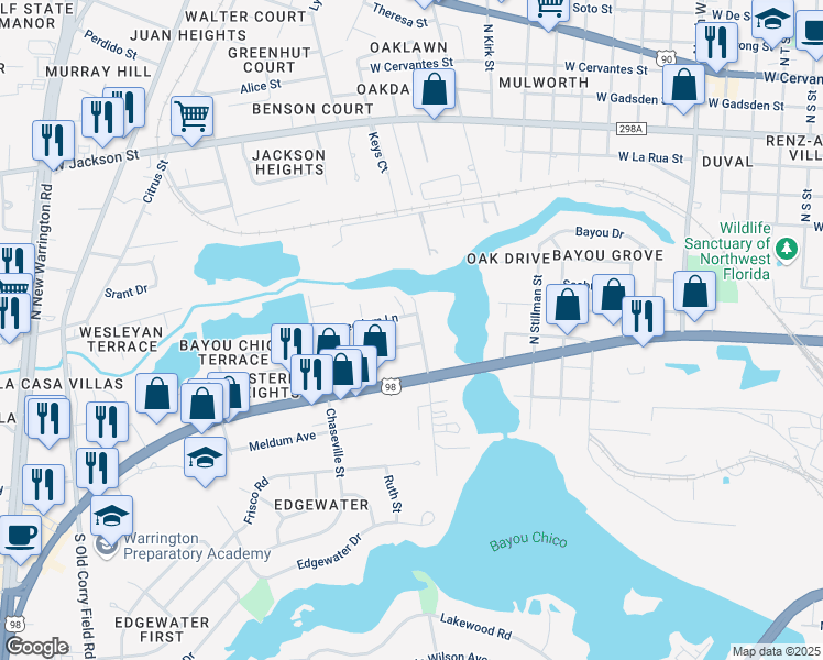 map of restaurants, bars, coffee shops, grocery stores, and more near 212 North Pinewood Lane in Pensacola