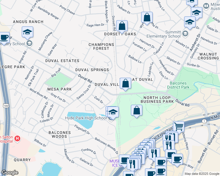 map of restaurants, bars, coffee shops, grocery stores, and more near 4300 Acropolis Court in Austin