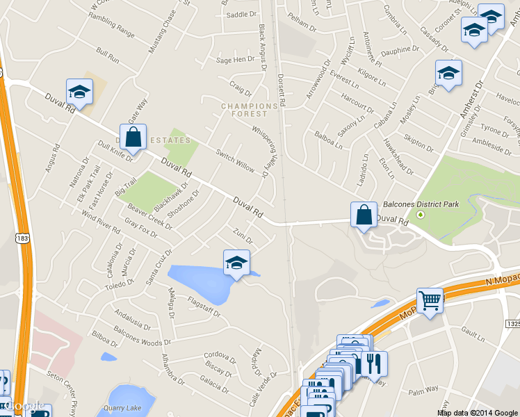 map of restaurants, bars, coffee shops, grocery stores, and more near 4302 Duval Road in Austin