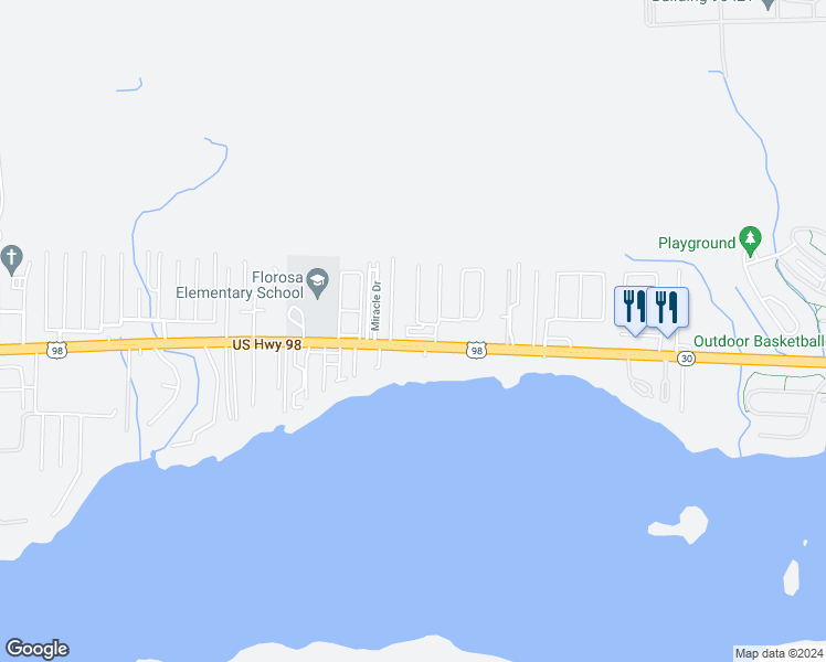 map of restaurants, bars, coffee shops, grocery stores, and more near 590 Florosa Court in Mary Esther