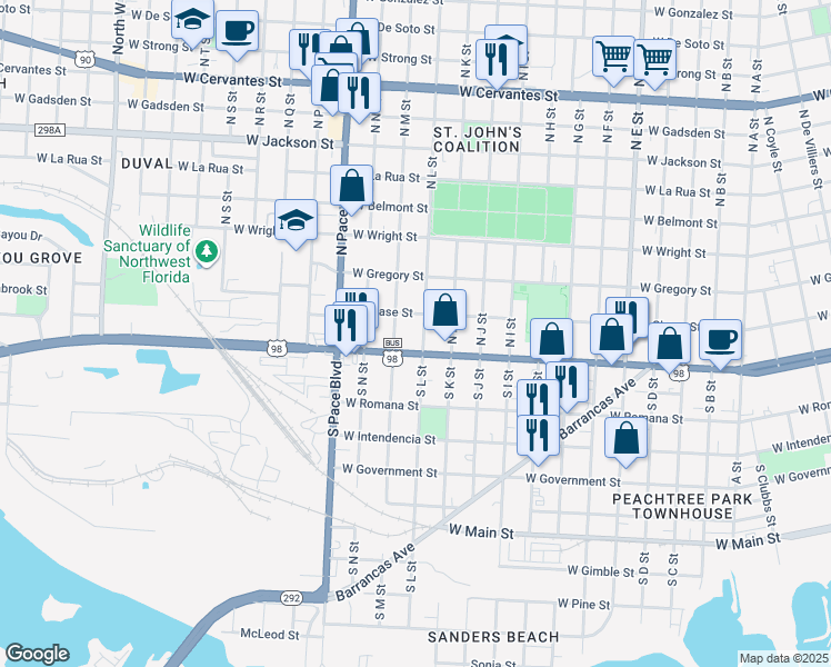 map of restaurants, bars, coffee shops, grocery stores, and more near 11 North L Street in Pensacola