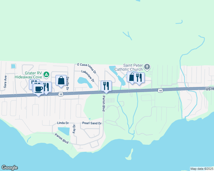 map of restaurants, bars, coffee shops, grocery stores, and more near 101 West Timberlake Drive in Mary Esther