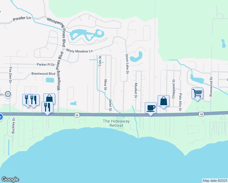 map of restaurants, bars, coffee shops, grocery stores, and more near 2197 Hadleigh Hills Court in Navarre