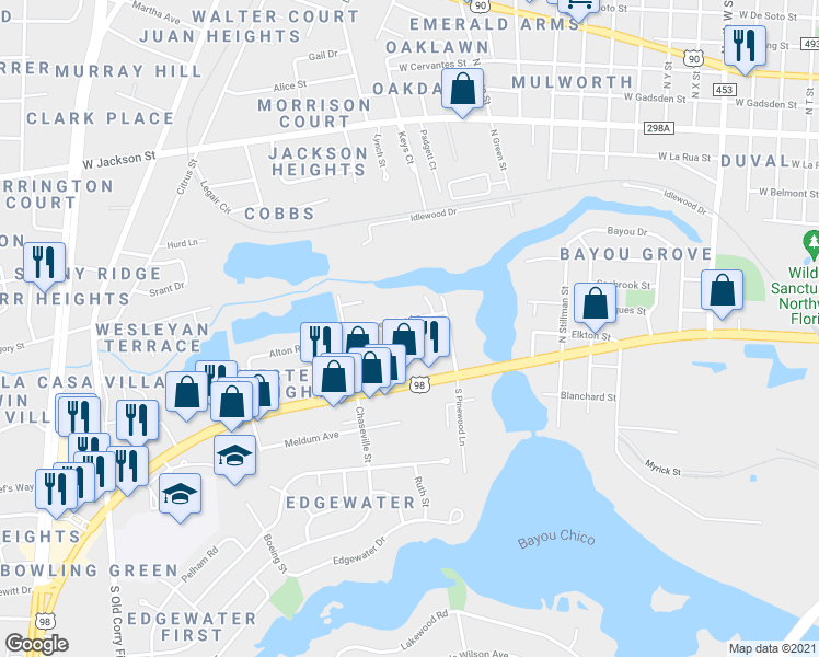 map of restaurants, bars, coffee shops, grocery stores, and more near 113 Freedom Lane in Pensacola