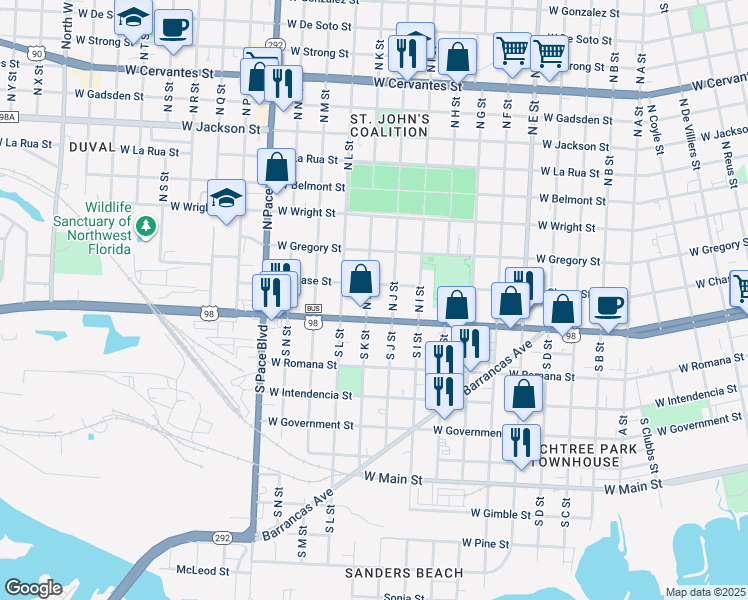 map of restaurants, bars, coffee shops, grocery stores, and more near 14 North K Street in Pensacola