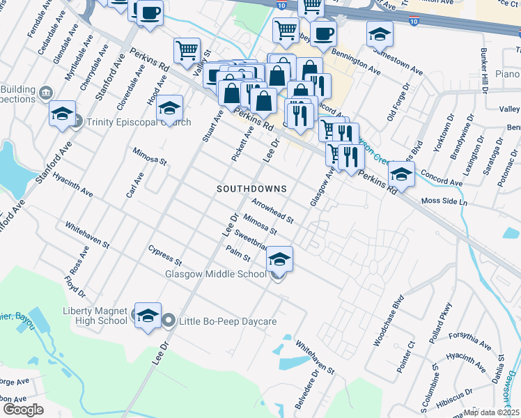 map of restaurants, bars, coffee shops, grocery stores, and more near 4564 Arrowhead Street in Baton Rouge