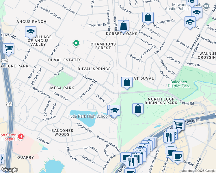 map of restaurants, bars, coffee shops, grocery stores, and more near 4302 Duval Road in Austin