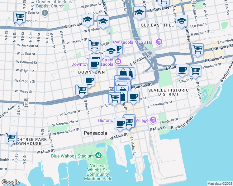 map of restaurants, bars, coffee shops, grocery stores, and more near 19 West Garden Street in Pensacola