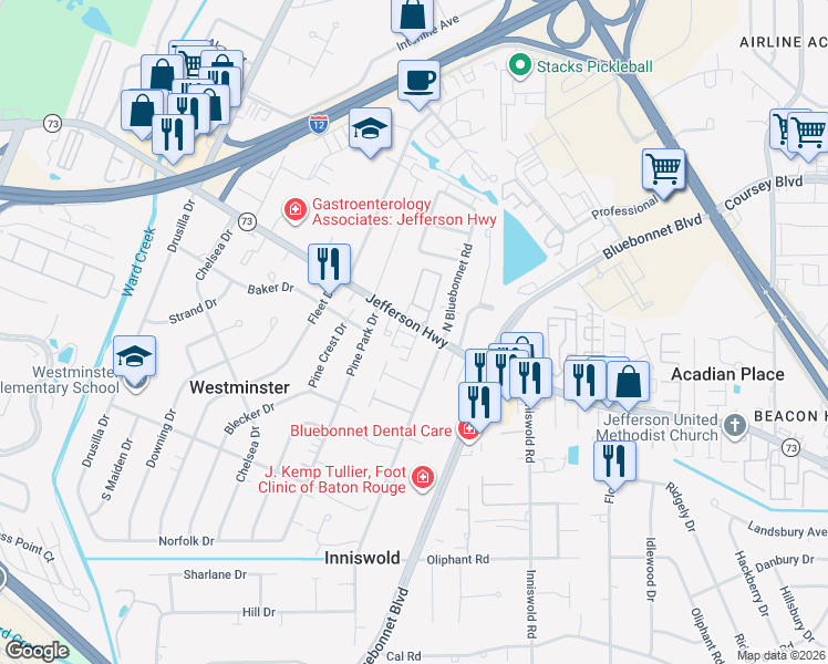 map of restaurants, bars, coffee shops, grocery stores, and more near 9304 Jefferson Highway in Baton Rouge