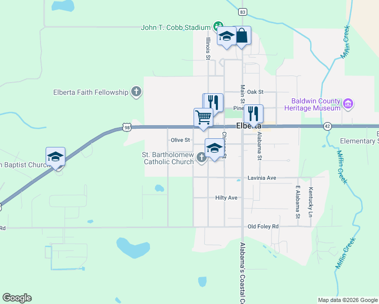 map of restaurants, bars, coffee shops, grocery stores, and more near 24700 Chestnut Street in Elberta