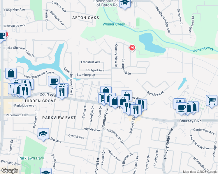 map of restaurants, bars, coffee shops, grocery stores, and more near 4442 Stumberg Lane in Baton Rouge