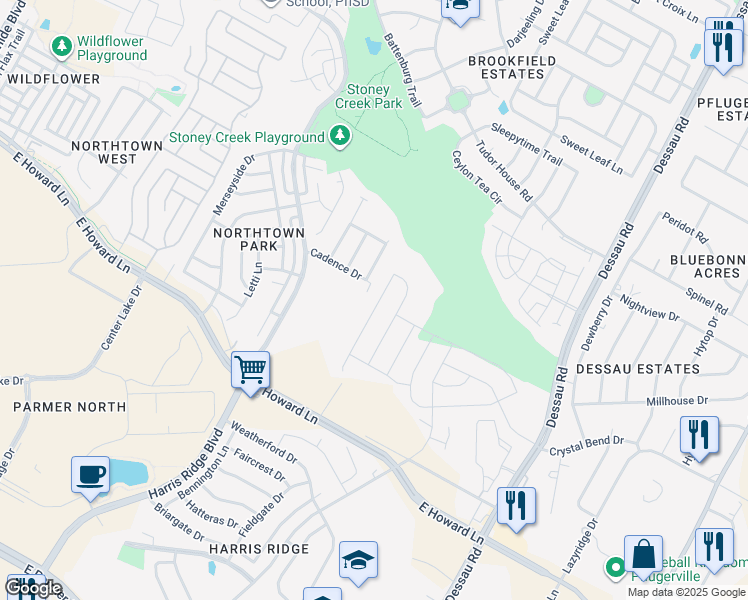 map of restaurants, bars, coffee shops, grocery stores, and more near 1208 East Howard Lane in Austin
