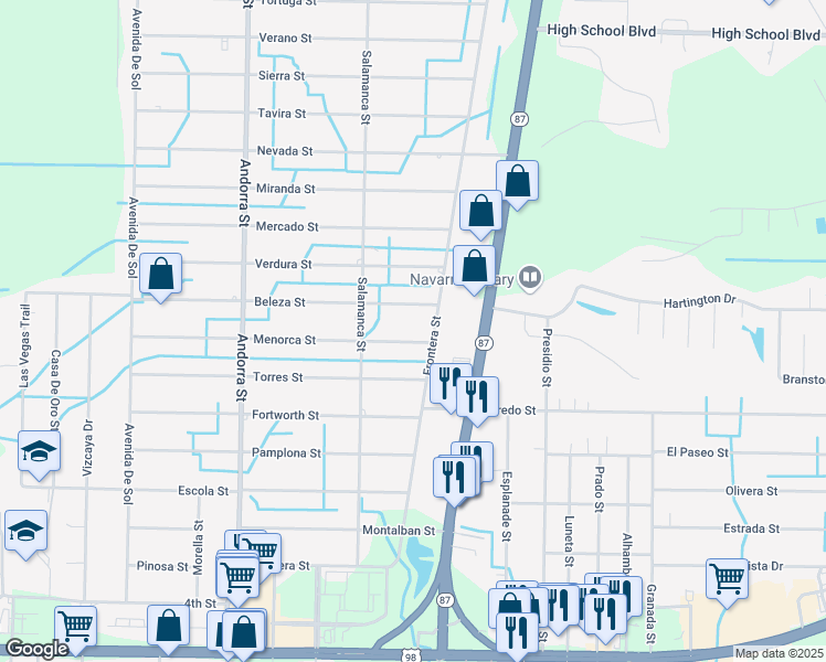 map of restaurants, bars, coffee shops, grocery stores, and more near 8376 Menorca Street in Navarre