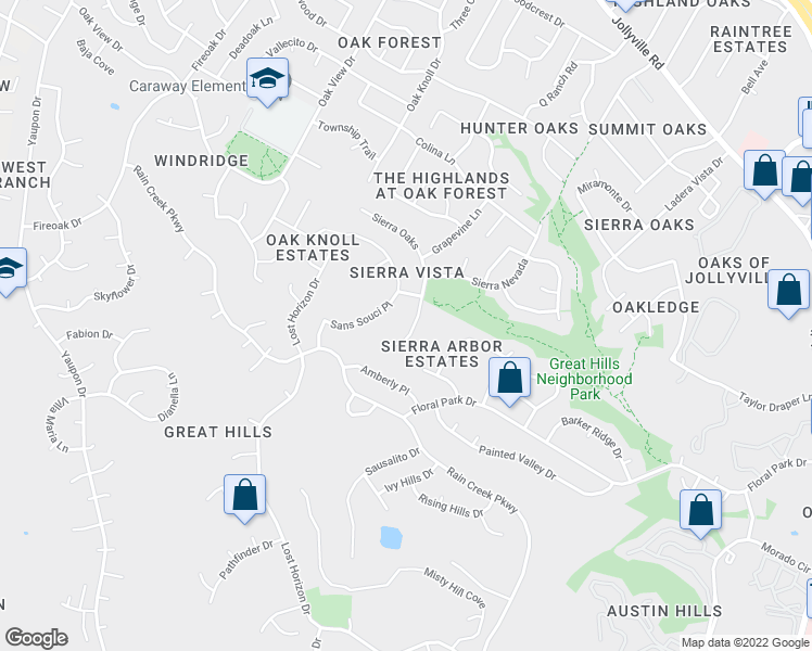 map of restaurants, bars, coffee shops, grocery stores, and more near 10700 Sierra Oaks in Austin