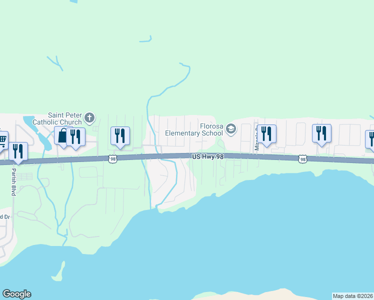 map of restaurants, bars, coffee shops, grocery stores, and more near 330 Harris Street in Mary Esther
