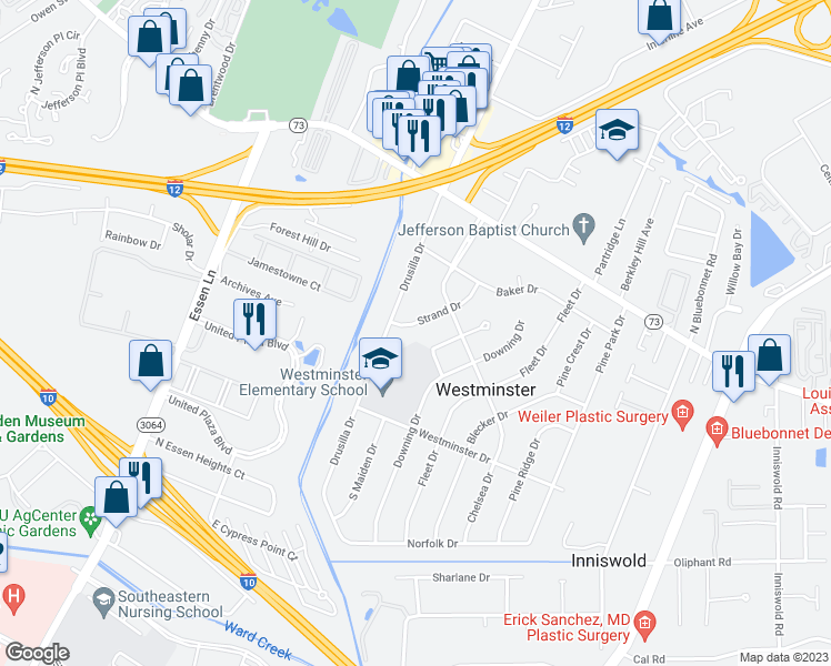 map of restaurants, bars, coffee shops, grocery stores, and more near 4145 Strand Drive in Baton Rouge