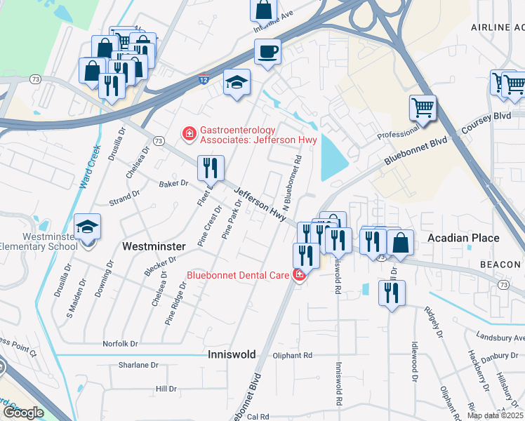 map of restaurants, bars, coffee shops, grocery stores, and more near 9308 Jefferson Highway in Baton Rouge
