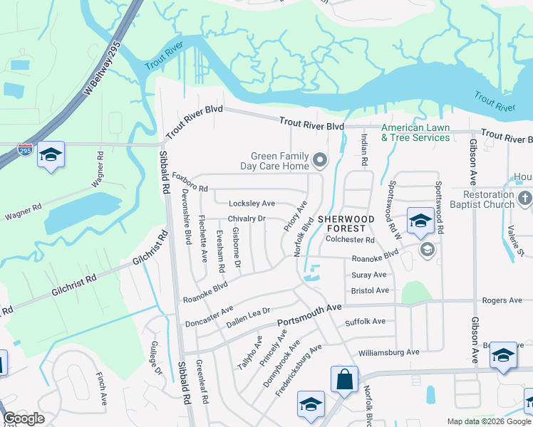 map of restaurants, bars, coffee shops, grocery stores, and more near 5005 Chivalry Drive in Jacksonville