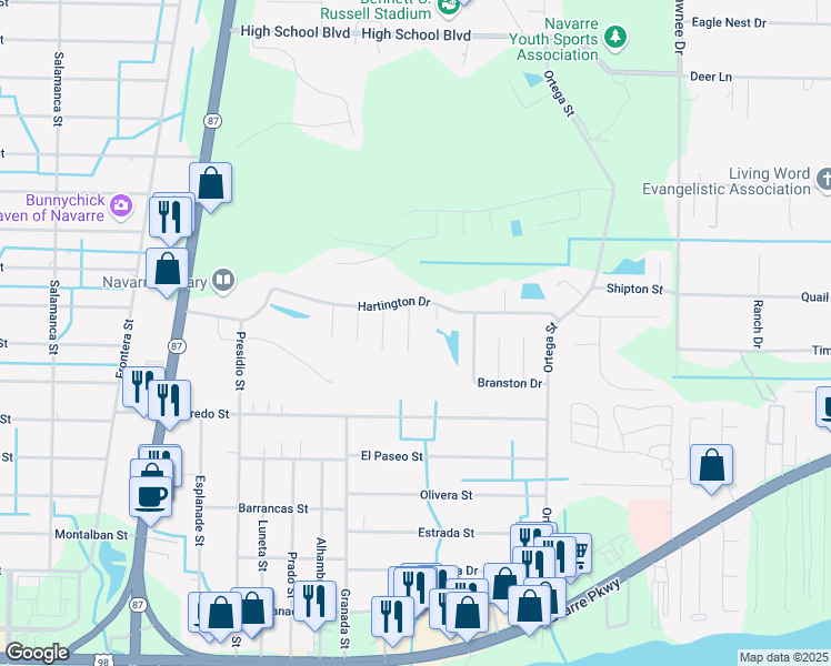 map of restaurants, bars, coffee shops, grocery stores, and more near 2166 Chatsworth Drive in Navarre